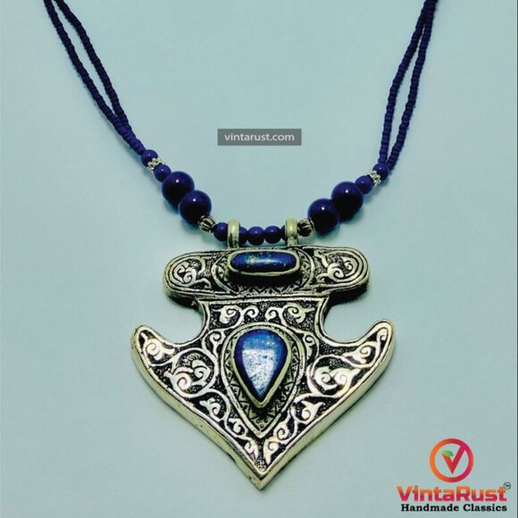 Handmade Lapis Lazuli Necklace, Tribal Beaded Chain Pendant Necklace, Gemstone - Picture 12 of 15